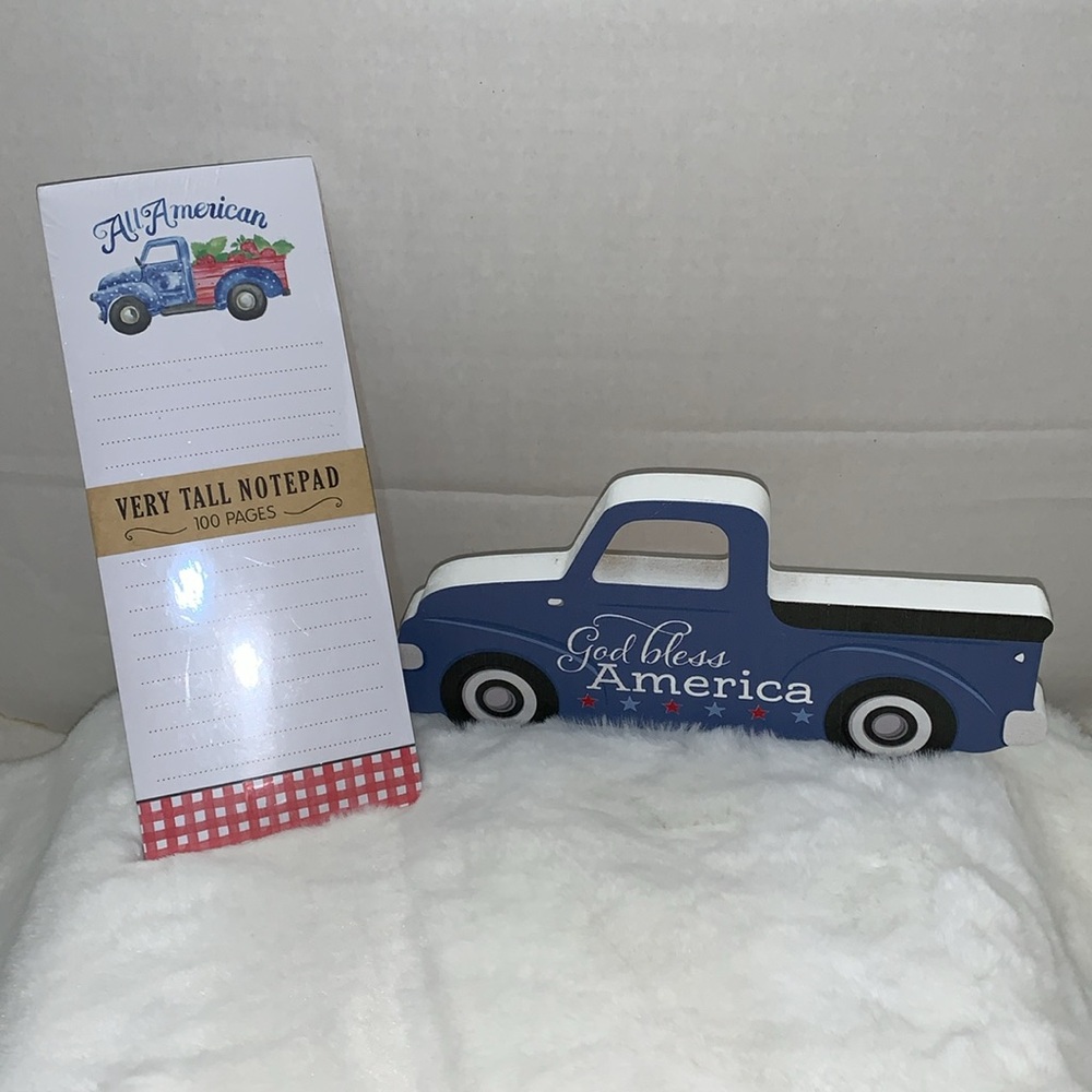 AMERICA Notepad & Wood Tabletop Truck Sign (Says, God Bless America) NWT